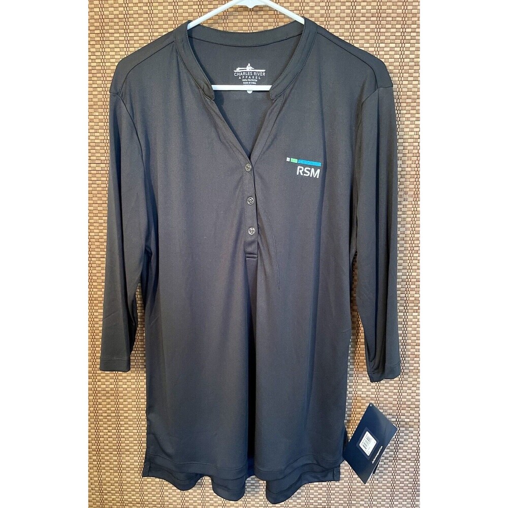 Charles River Apparel Shirt Women Size XL Black 3/4 Sleeve 2913 Windsor Henley